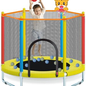 150cm Indoor Outdoor Kindertrampolin mit Sicherheitsnetz, Mini-Trampolin für Kinder inklusive Basketballkorb, robuste Sprungmatte Jungen und Mädchen