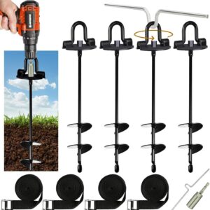 Bodenanker Trampolin, 4 Stück Trampolin Sicherungshaken, Bodenanker zum Eindrehen, Mit Verstellbarer -Gurt, Bohradapter,Drehhilfe, Heavy Duty Trampolin Anchor Kit für Zelte,...