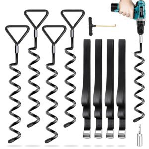 Bodenanker Trampolin 4er Pack | Heavy Duty Erdanker Bodenanker | Bodenanker zum Einschrauben für Trampoline | Bodenanker zum Eindrehen High Wind mit Gurten