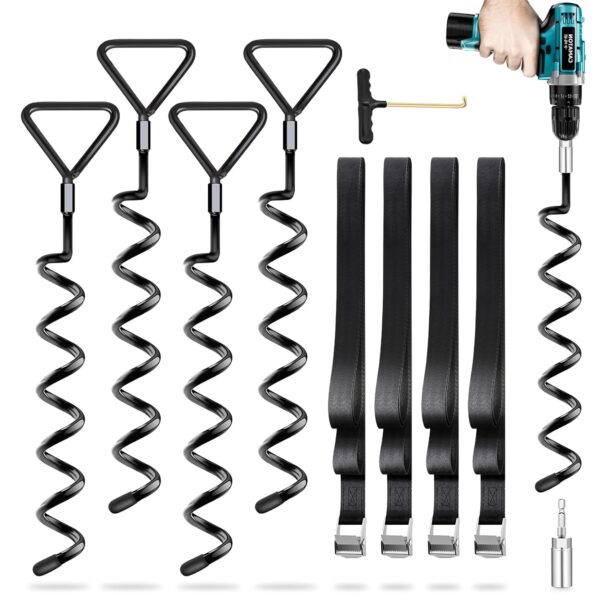 Bodenanker Trampolin 4er Pack | Heavy Duty Erdanker Bodenanker | Bodenanker zum Einschrauben für Trampoline | Bodenanker zum Eindrehen High Wind mit Gurten