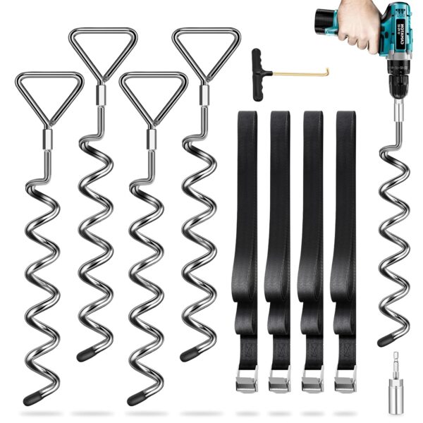 Bodenanker Trampolin Erdanker Trampolin 4er Set - bodenanker mit 4 Gurten (2,5m Länge) - Heavy Duty Erdanker widerstehen hohem Wind, ideal für Trampolin im Freien