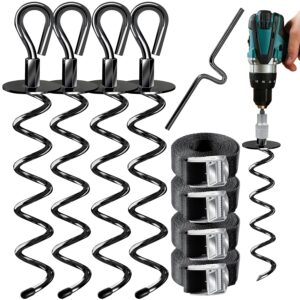 KESSER® 4 Bodenanker Erdanker 9-teiliges Set Befestigung für Trampolin, Schaukel, Pavillon, Partyzelt, Gartenhaus, Schaukel, Zelt, aus 1cm Ø Edelstahl Zum Eindrehen, + 4 Gurte +...