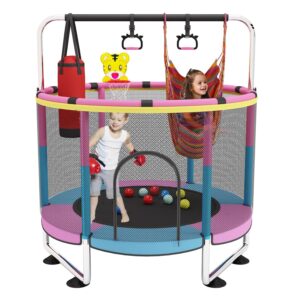 Trampolin Kinder, 150cm Kinder Trampolin Outdoor/Indoor, 200kg verstellbares,mit Basketballkorb und Gehäuse,Geschenke für Jungen und Mädchen
